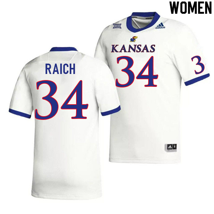 Women #34 Alex Raich Kansas Jayhawks College Football Jerseys Stitched Sale-White